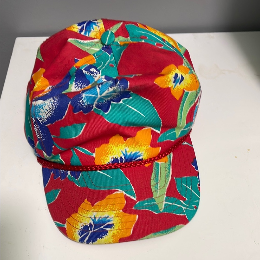 Vintage 90s Nissin Red Tropical Hawaiian Floral Rope Snapback‎ Hat